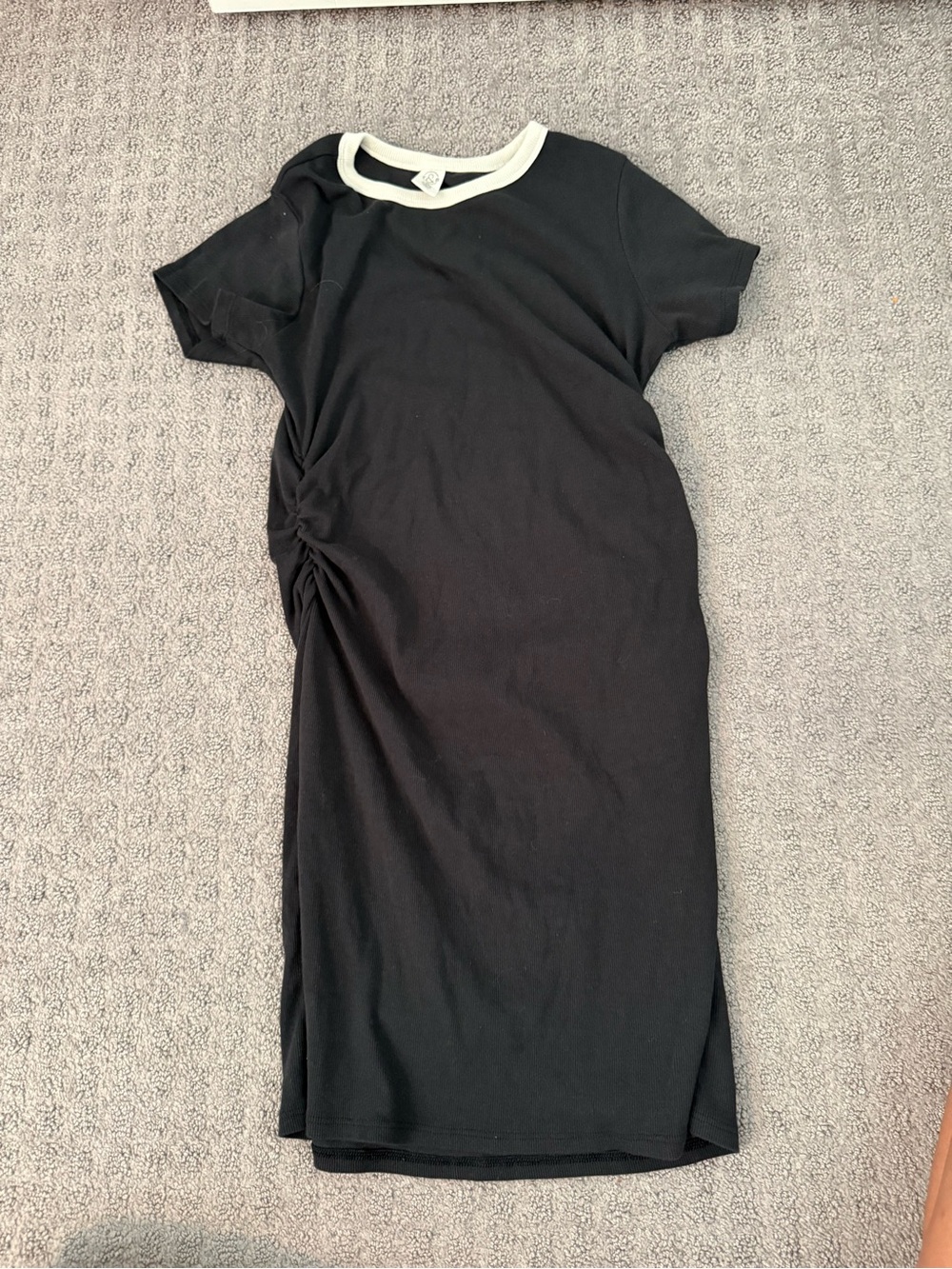 Black Short-Sleeve Kids Midi Dress with Contrast Neckline